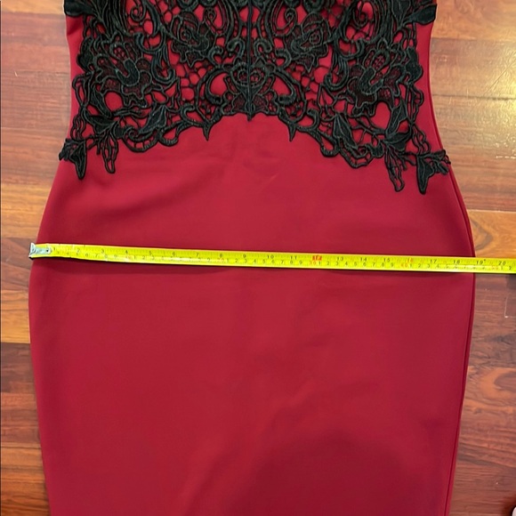 Womens 10 Lipsy Deep Red Dress with Black Lace Overlay Double V Neck - Picture 7 of 12